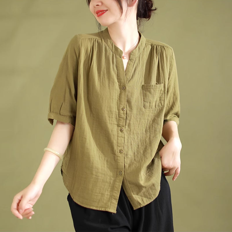 V-Neck Short Sleeve Linen Shirt for Women - gallery