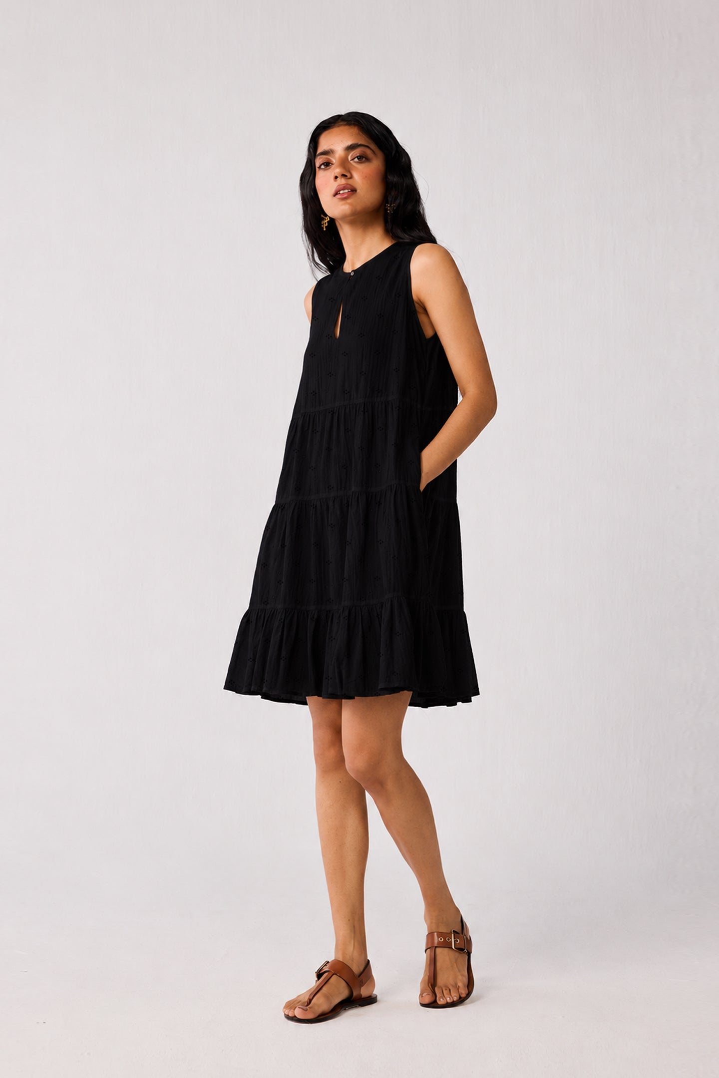 Embroidered Everyday Sleeveless Short Tiered Dress in Black for Women - gallery
