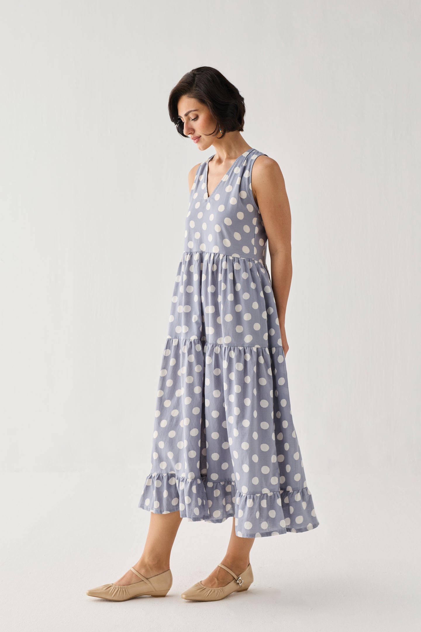 Tiered Midi Dress in Blue Polka for Women - gallery