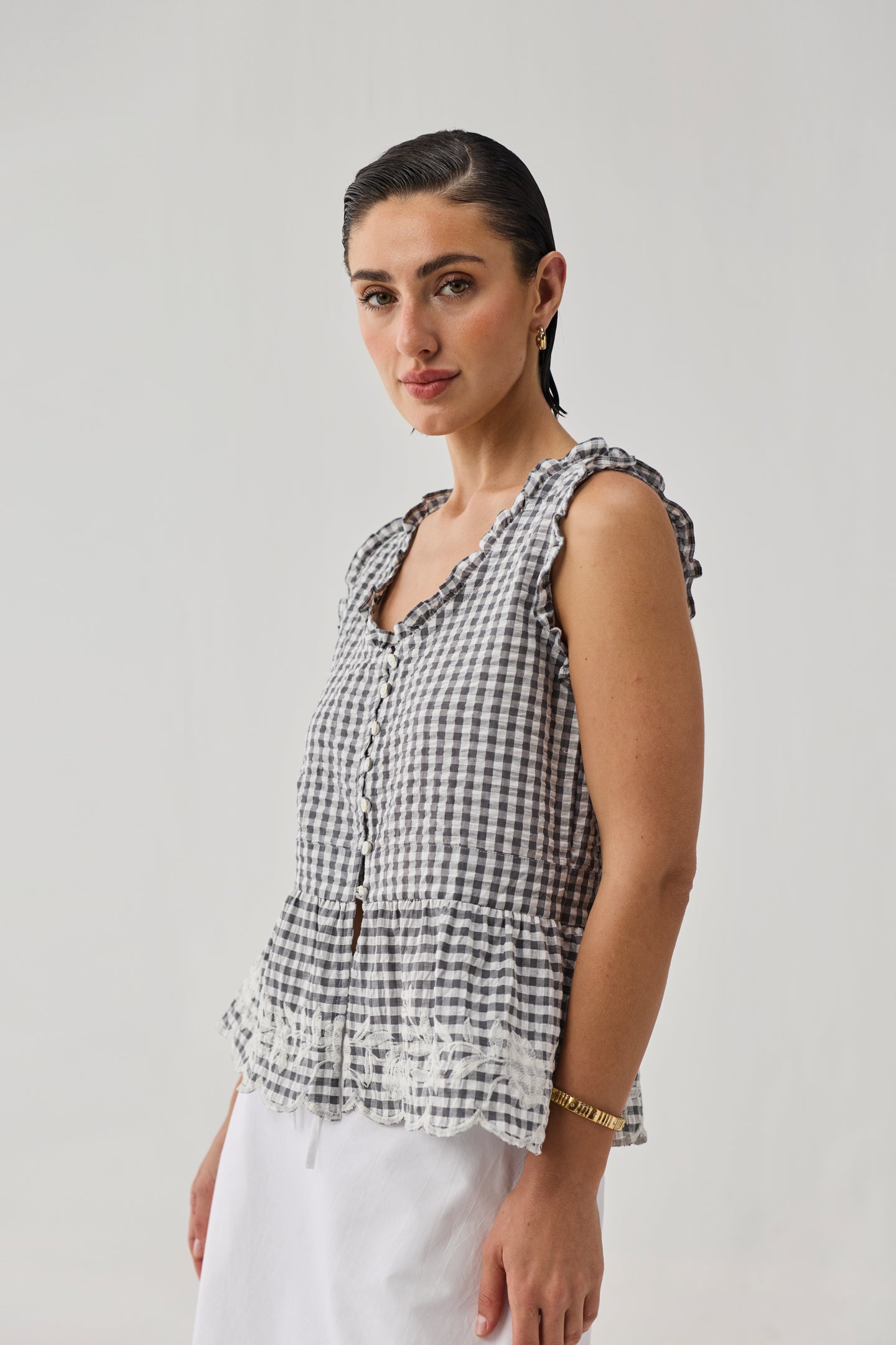 Embroidered Peplum Top in Grey Check for Women - gallery
