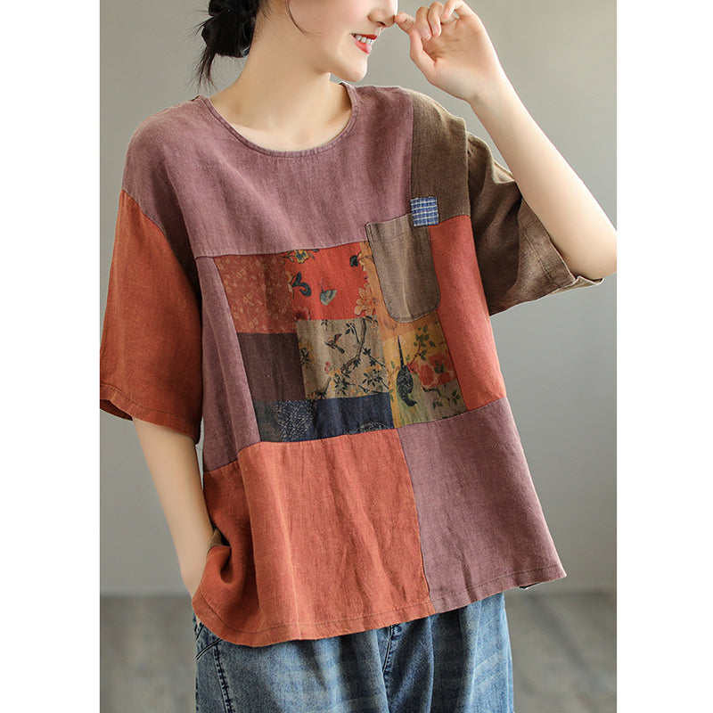 Colour-Block Short Sleeve Linen T-Shirt for Women - gallery