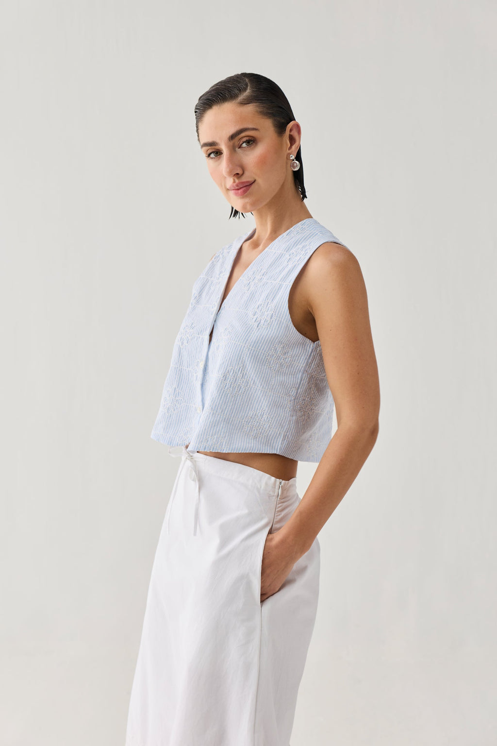 Embroidered Sleeveless Vest Top in Blue Stripe Waistcoat for Women - gallery