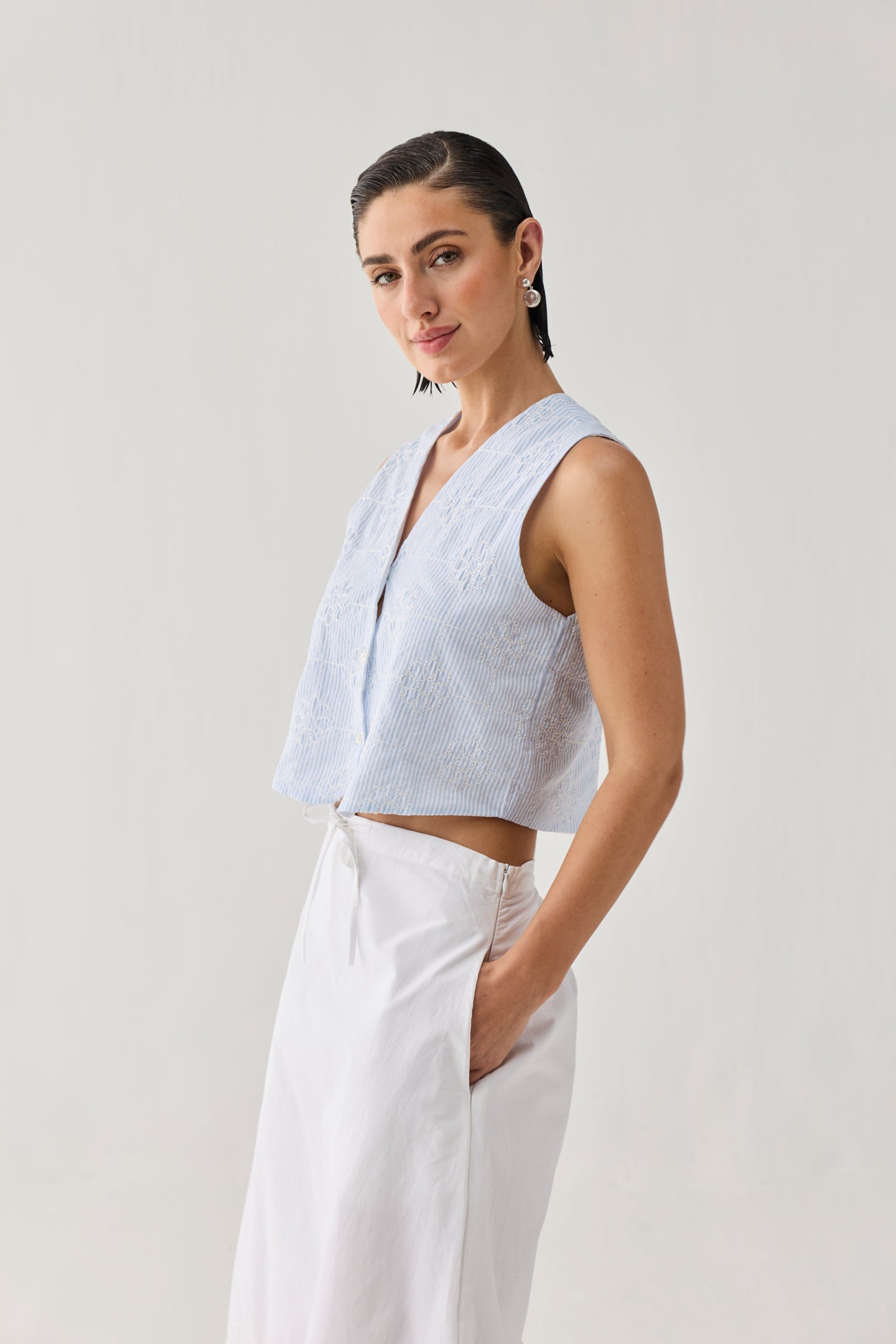 Embroidered Sleeveless Vest Top in Blue Stripe Waistcoat for Women - gallery