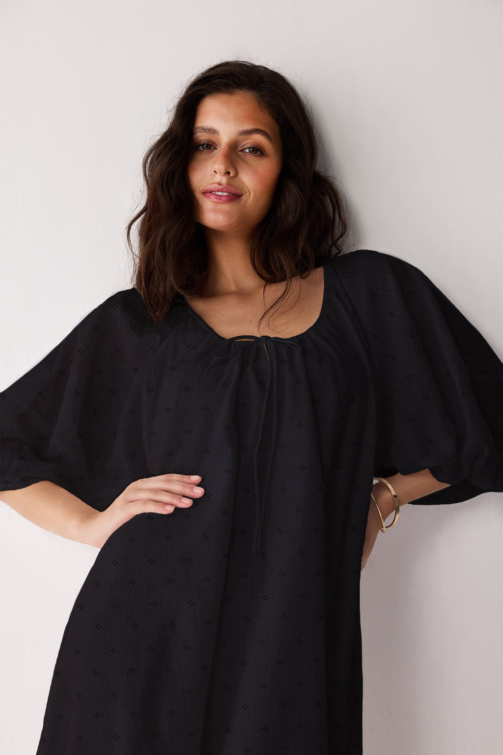 Puff Sleeved Dress with Drawstring Neckline in Black for Women - gallery