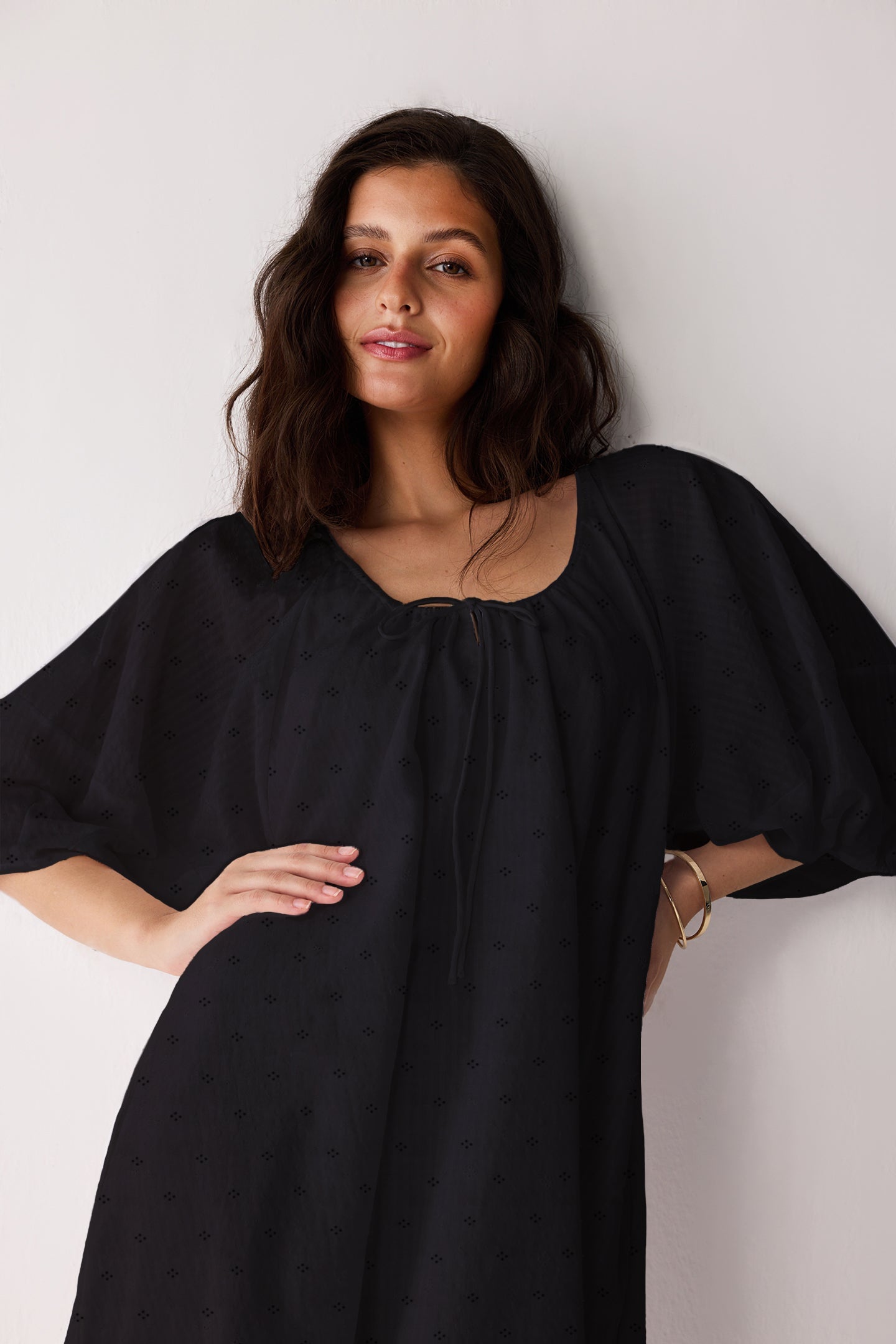 Puff Sleeved Dress with Drawstring Neckline in Black for Women - gallery