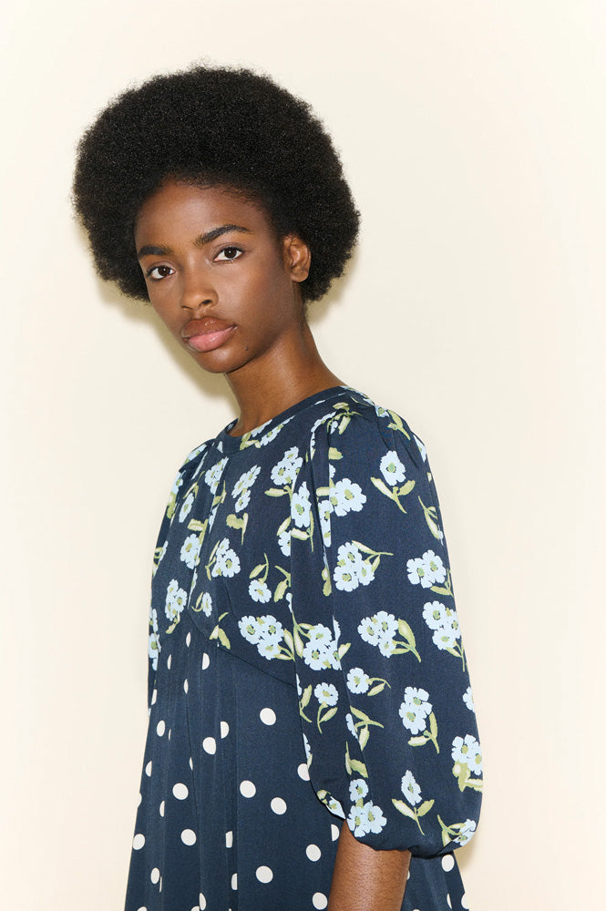 Dahlia Navy Polka & Powder Blue Floral Dress - gallery
