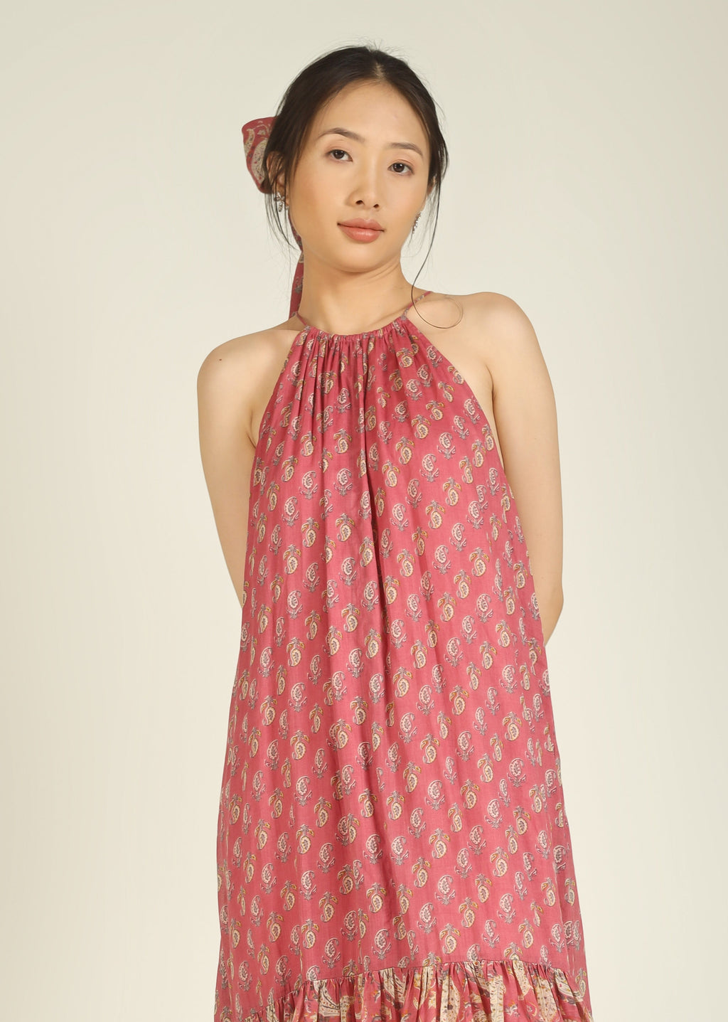 Pink Printed Halter Neck Mulmul Dress for Women