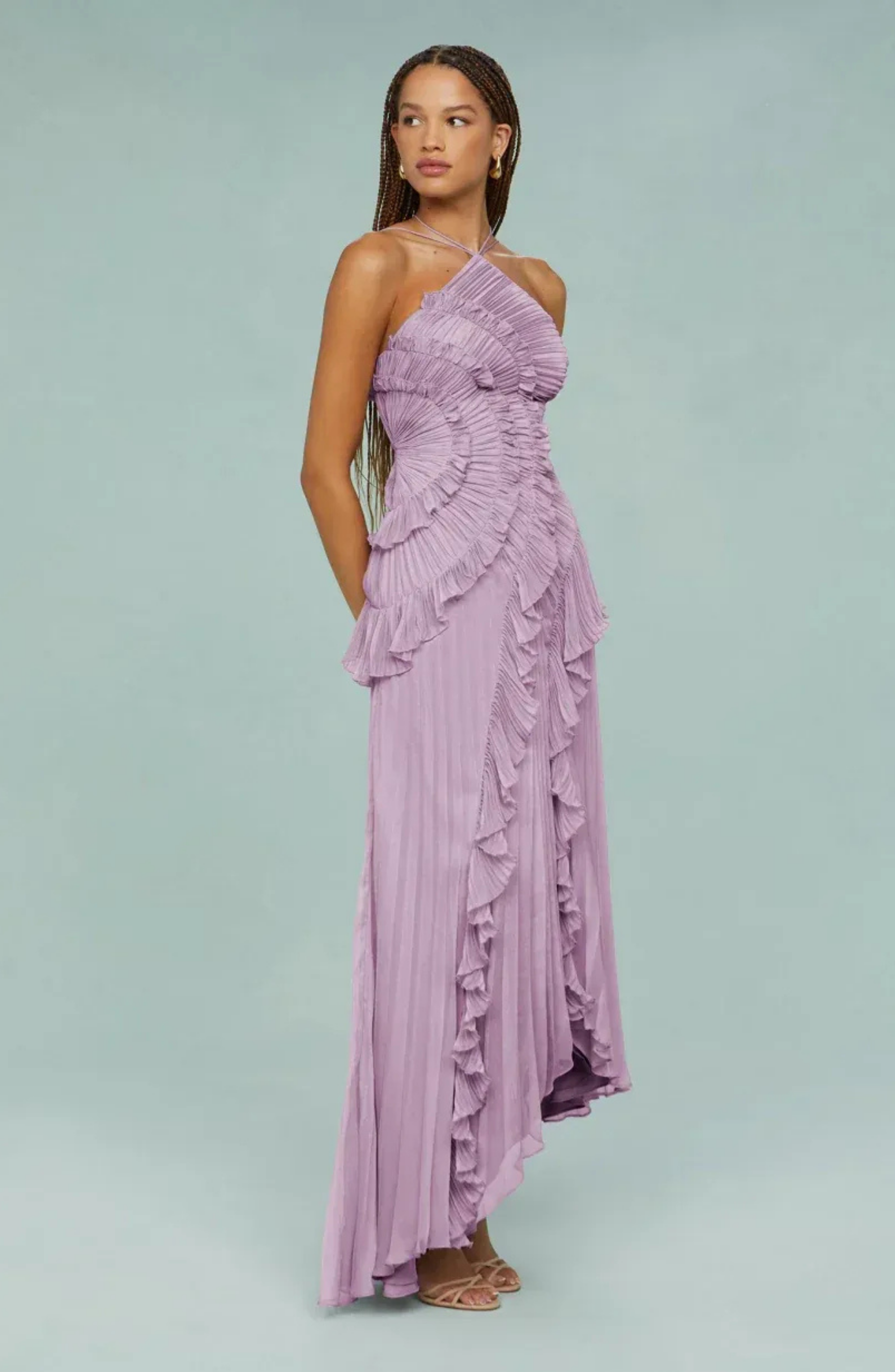 Pleated Frill Halter Neck Maxi Dress for Women - gallery