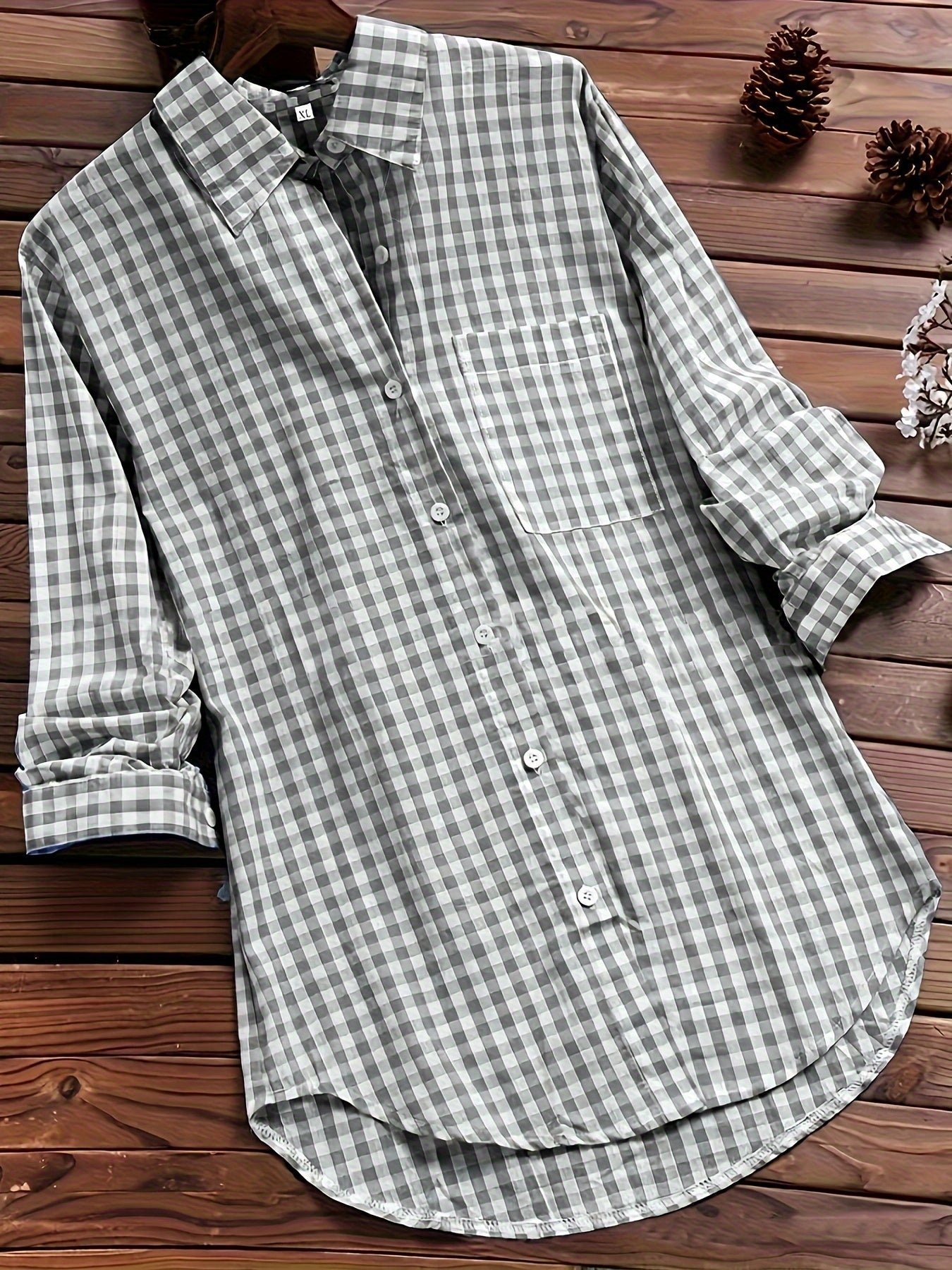 Gingham Print Long Sleeve Shirt Top for Women - gallery