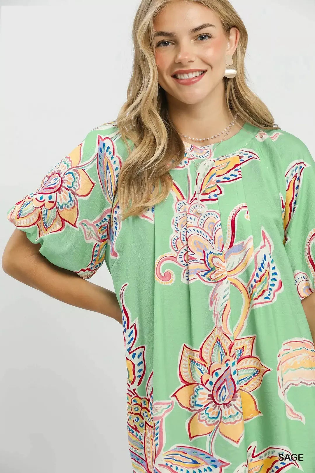 Sage Green Boho Floral Mini Dress for Women — Pockets - gallery