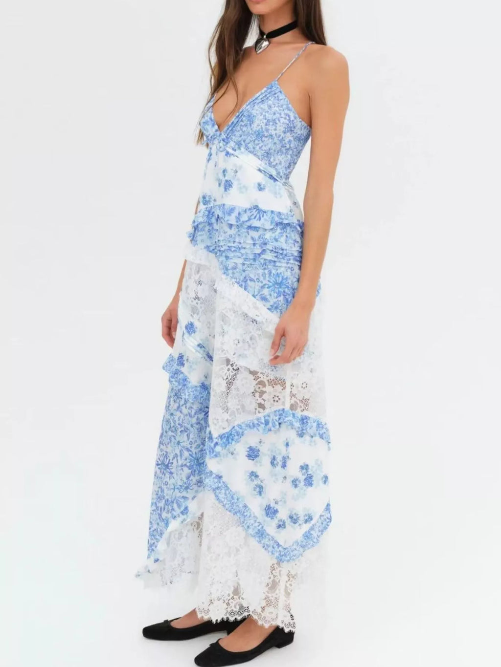 Lace Floral Ruffle Trim Maxi Dress for Women - gallery