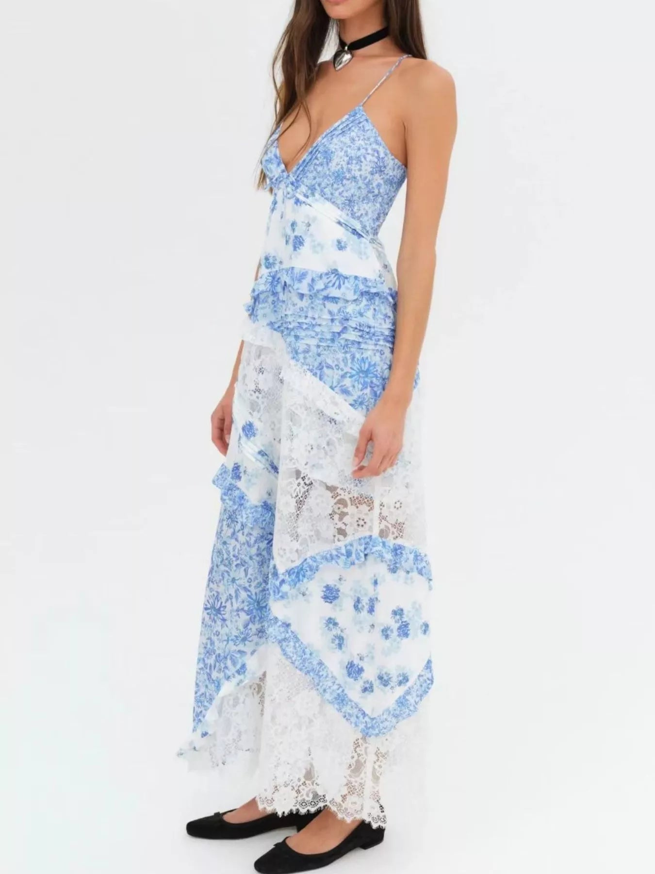 Lace Floral Ruffle Trim Maxi Dress for Women - gallery
