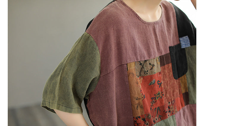 Colour-Block Short Sleeve Linen T-Shirt for Women - gallery