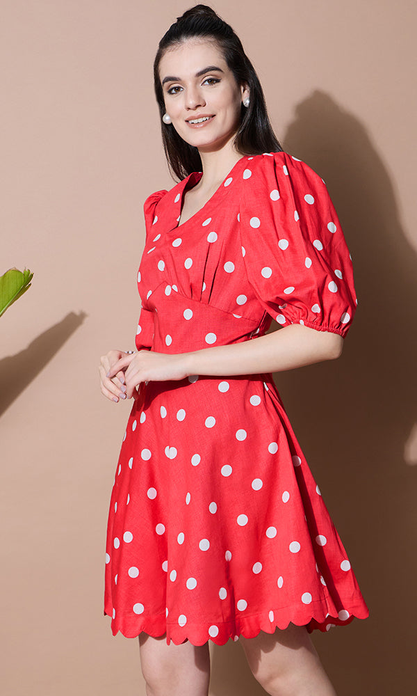 Red Polka Dots Short Dress for Women - gallery