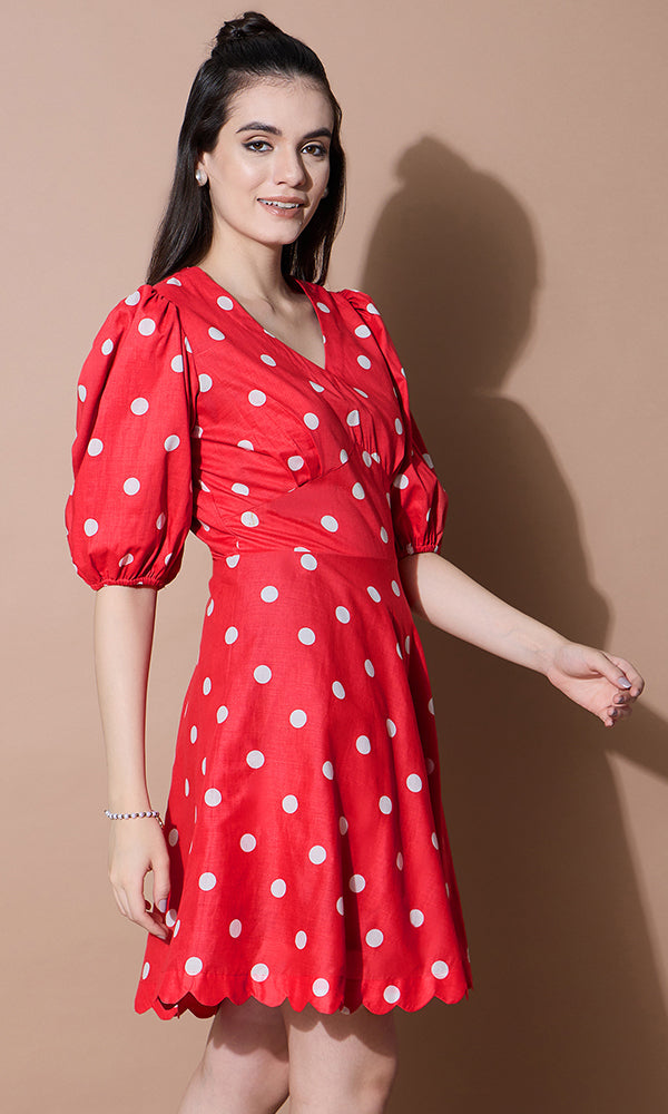Red Polka Dots Short Dress for Women - gallery