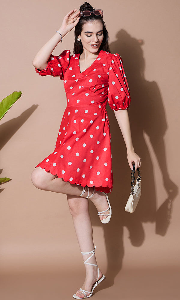 Red Polka Dots Short Dress for Women - gallery