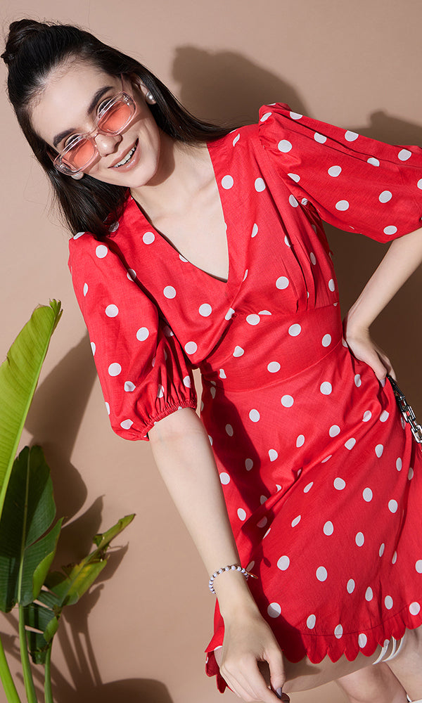 Red Polka Dots Short Dress for Women - gallery