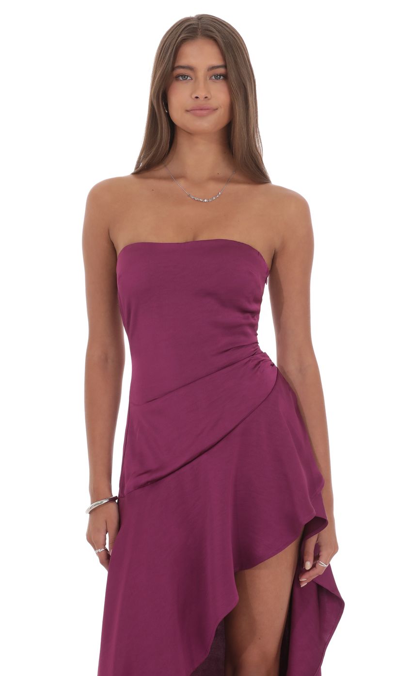 Satin High-Low Maxi Dress in Plum for Women - detail