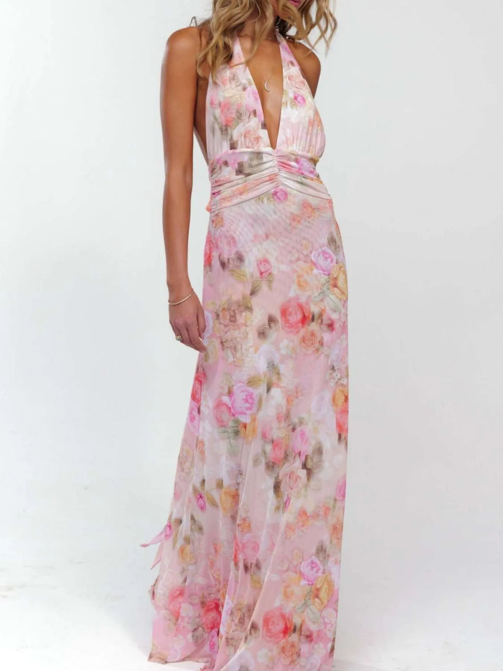 Floral Halter Neck Deep V Maxi Dress for Women - gallery