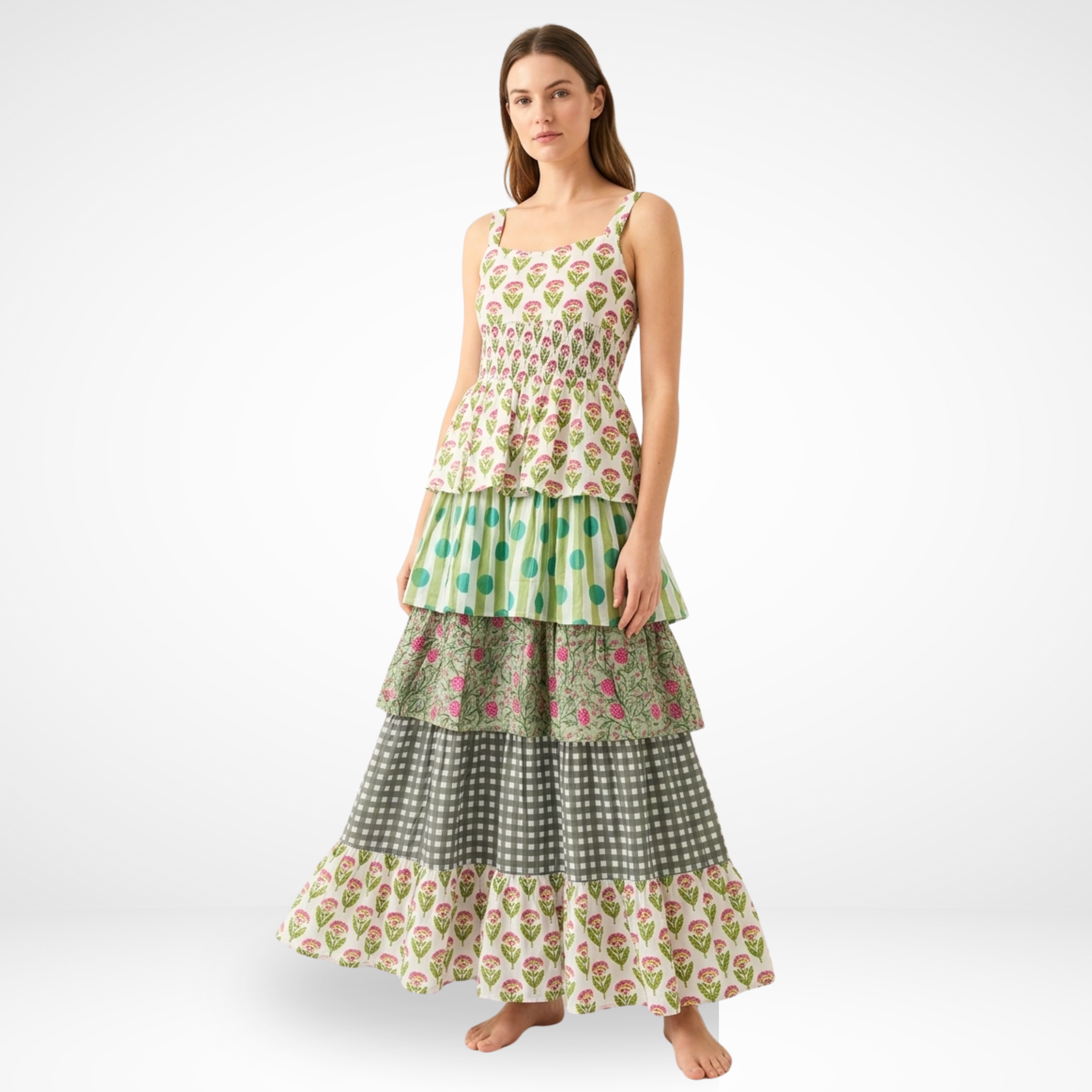 Green Floral Frill Sleeveless Dress for Women — Adjustable