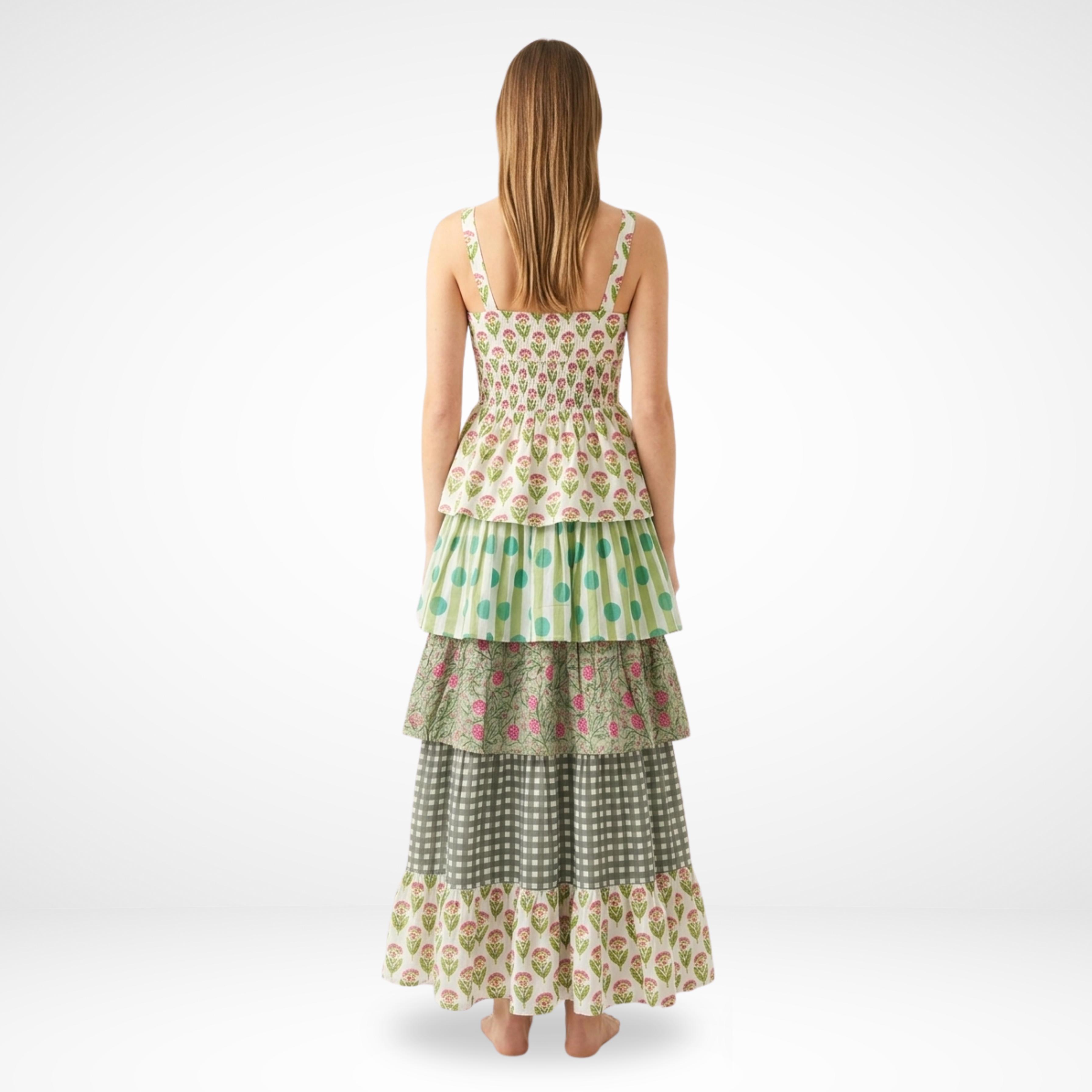 Green Floral Frill Sleeveless Dress for Women — Adjustable - gallery