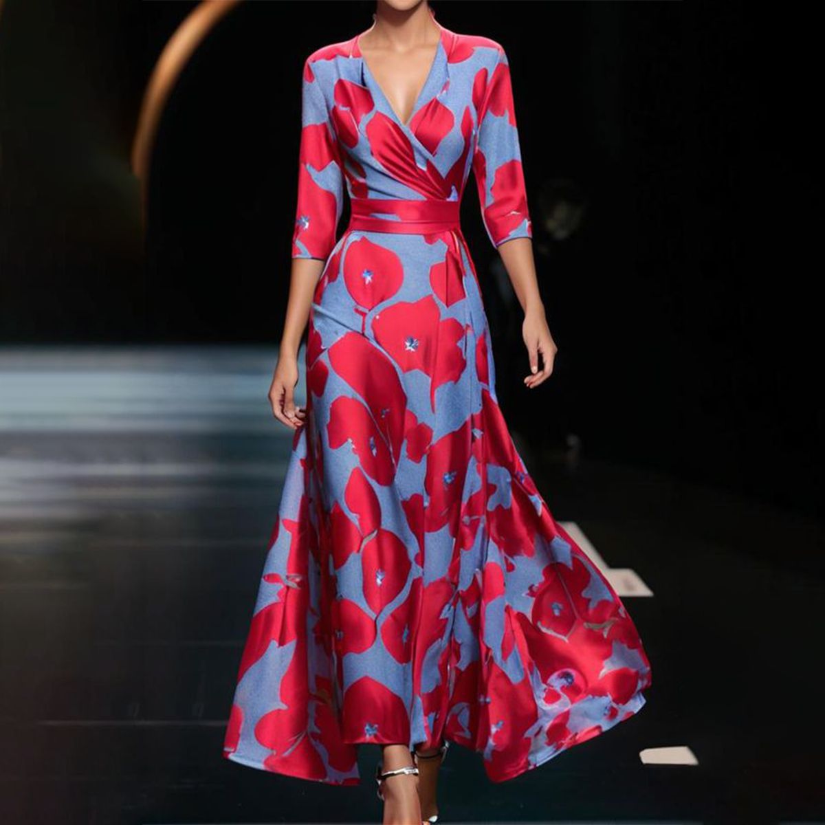 Chic V-Neck Maxi Dress with Three-Quarter Sleeves