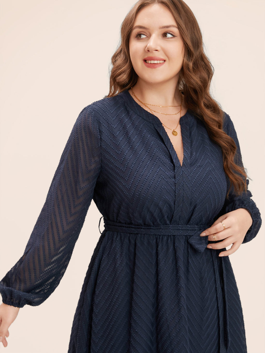 Solid Geometric Pocket Mesh Lantern Sleeve Belted Dress for Women - gallery
