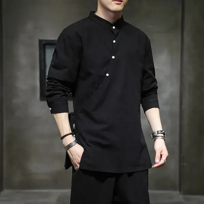 Chinese Tang Hanfu Stand Collar Linen Shirt for Men