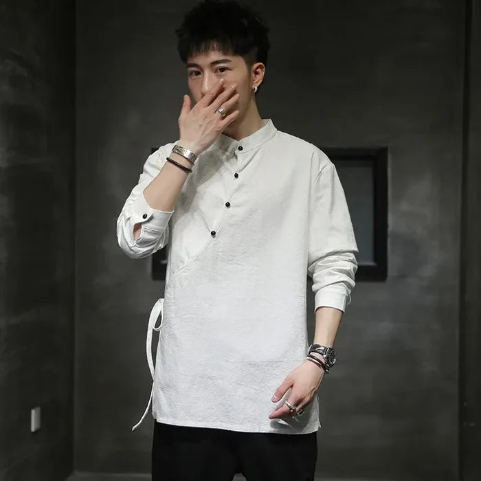 Chinese Tang Hanfu Stand Collar Linen Shirt for Men - gallery