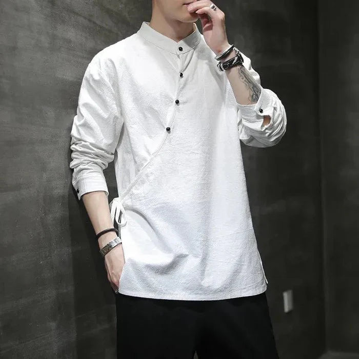 Chinese Tang Hanfu Stand Collar Linen Shirt for Men - gallery