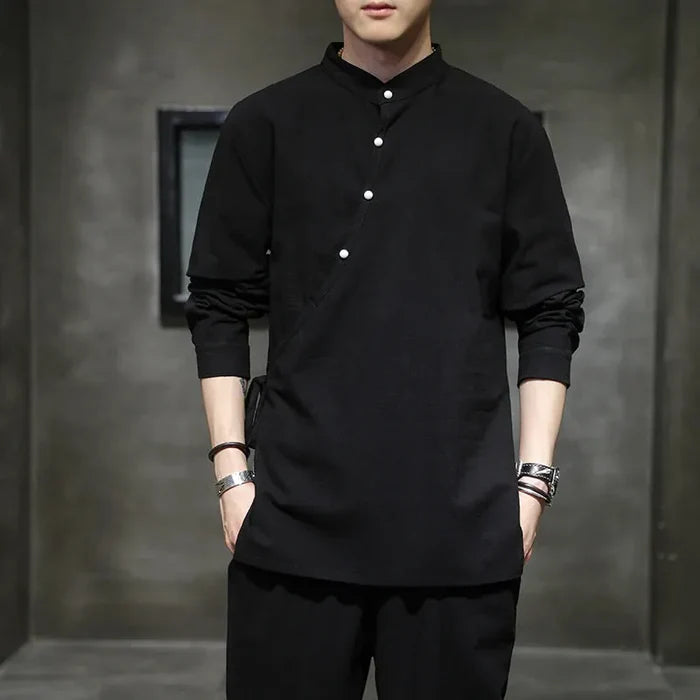 Chinese Tang Hanfu Stand Collar Linen Shirt for Men - gallery