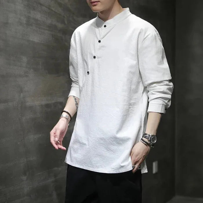 Chinese Tang Hanfu Stand Collar Linen Shirt for Men - gallery