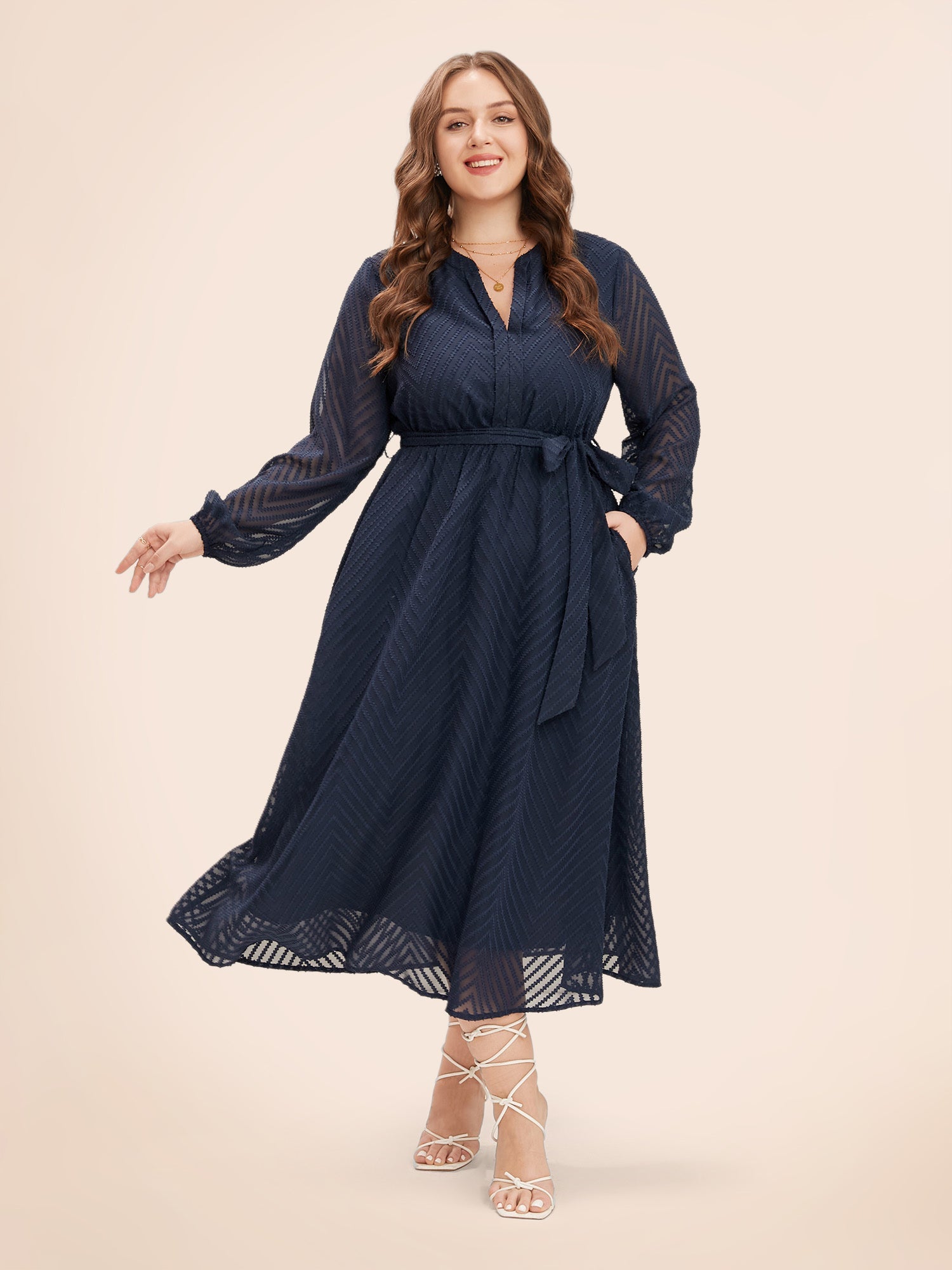 Solid Geometric Pocket Mesh Lantern Sleeve Belted Dress for Women - gallery