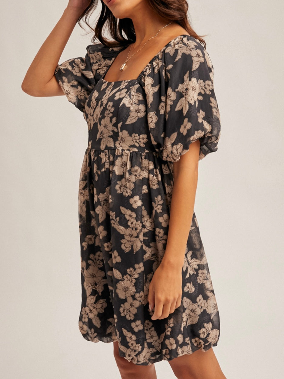 Jacquard Floral Bubble Mini Dress for Women — Square Neck Puff Sleeve - gallery