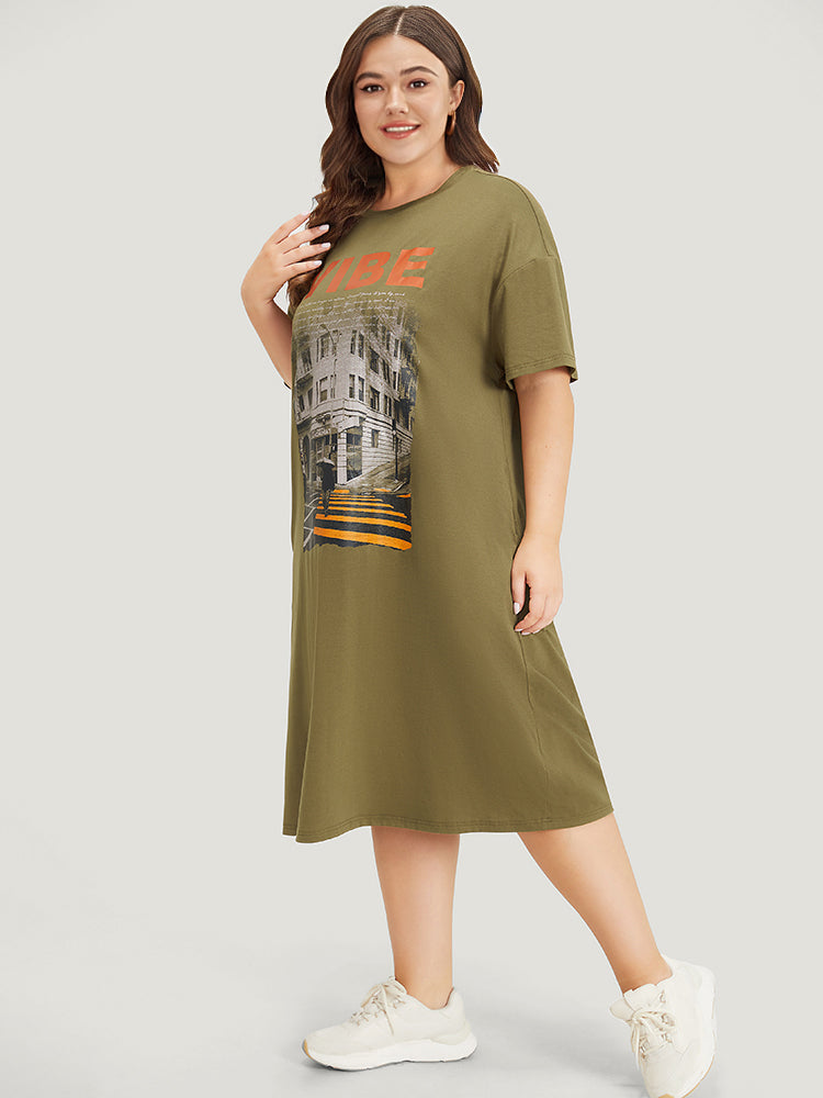 Letter & Graphic Print Pocket Crew Neck Dress for Women - gallery