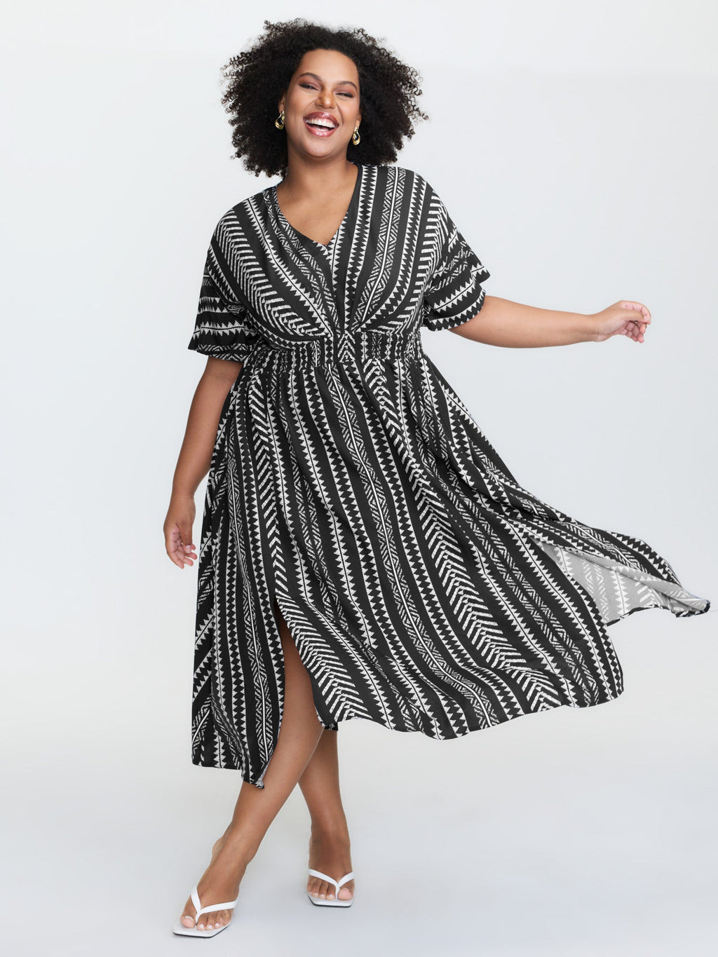 Solid Geometric Dolman Sleeve Pocket Shirred Split Hem Dress for Women