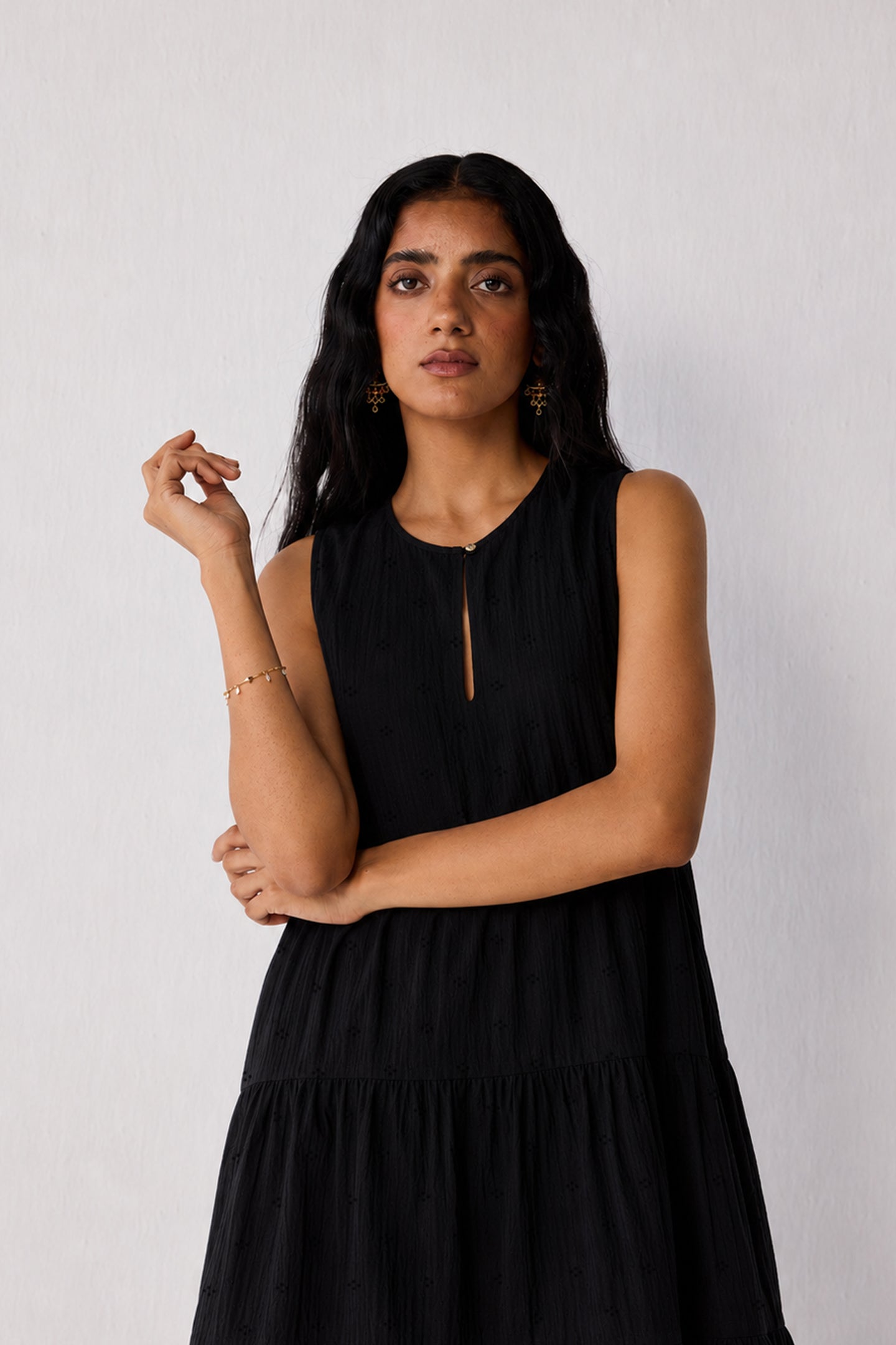 Embroidered Everyday Sleeveless Short Tiered Dress in Black for Women - gallery