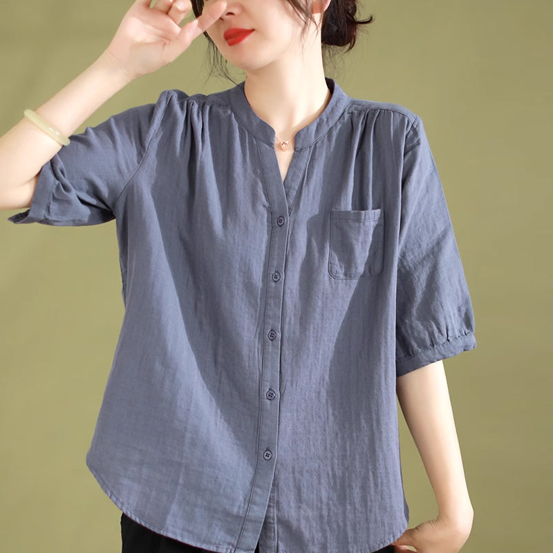 V-Neck Short Sleeve Linen Shirt for Women - gallery