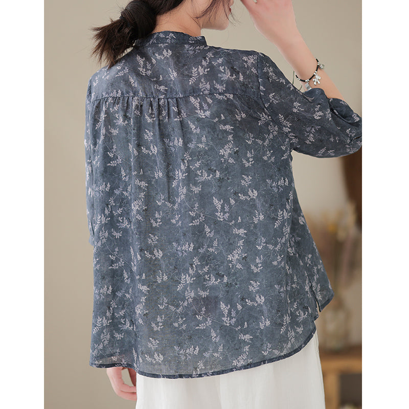 Retro Print Short Sleeve Linen Shirt for Women - gallery