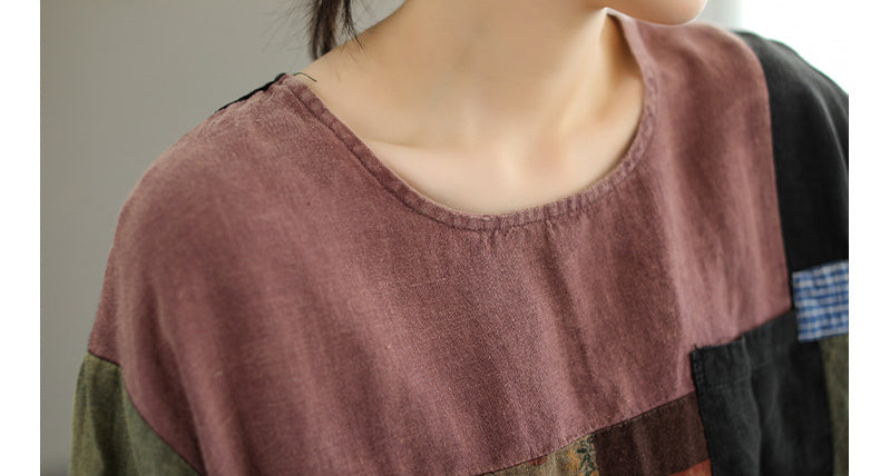 Colour-Block Short Sleeve Linen T-Shirt for Women - gallery