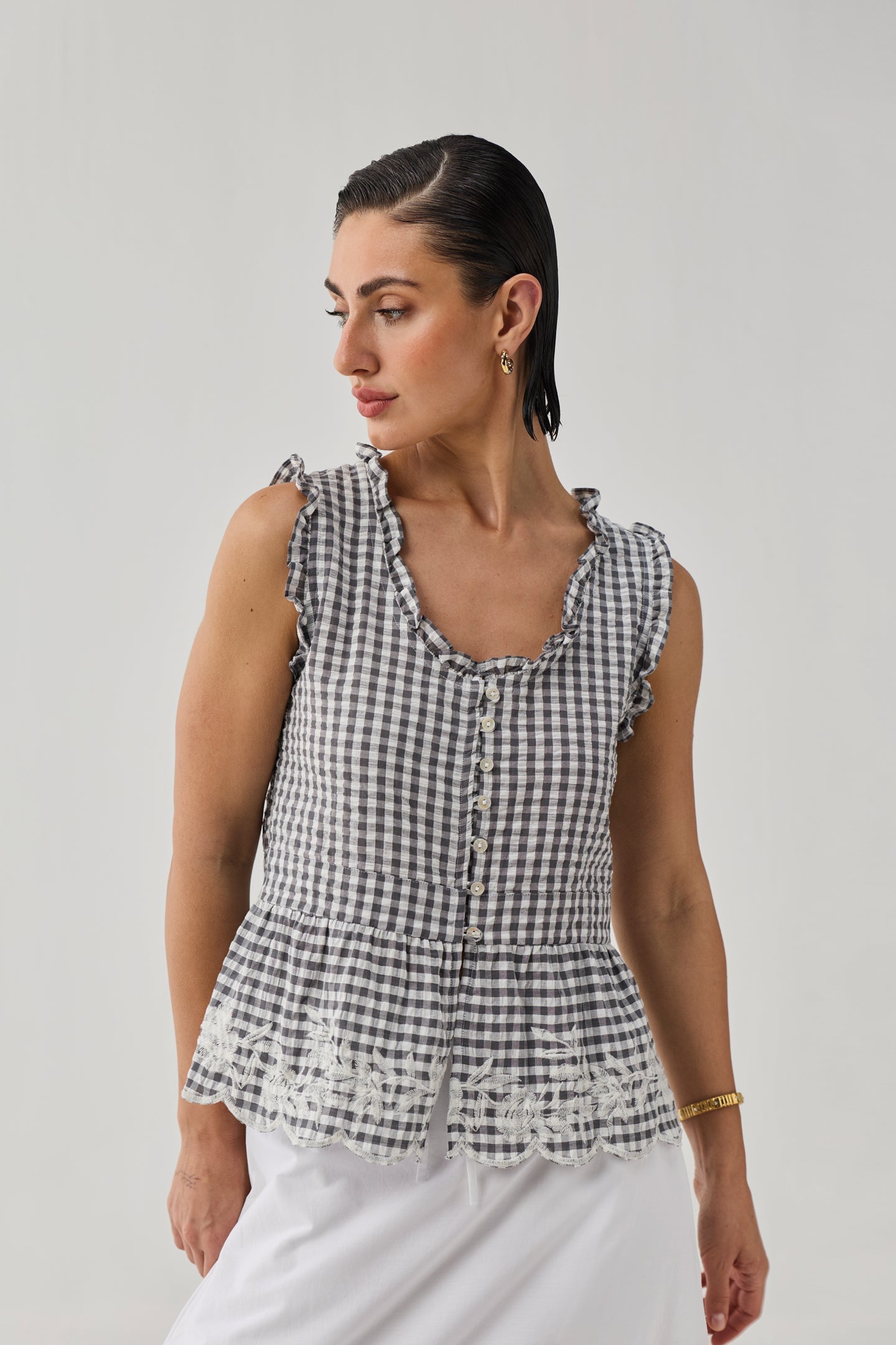 Embroidered Peplum Top in Grey Check for Women - gallery
