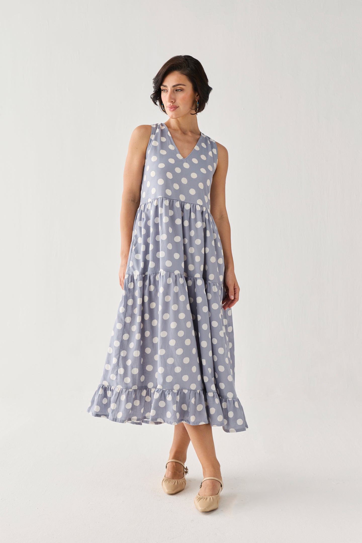 Tiered Midi Dress in Blue Polka for Women - gallery