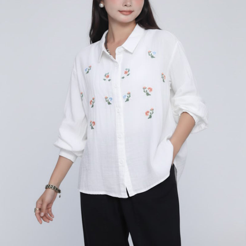 Embroidered Floral Long Sleeve Linen Shirt for Women
