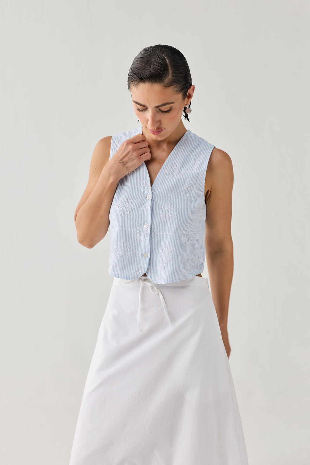 Embroidered Sleeveless Vest Top in Blue Stripe Waistcoat for Women - gallery