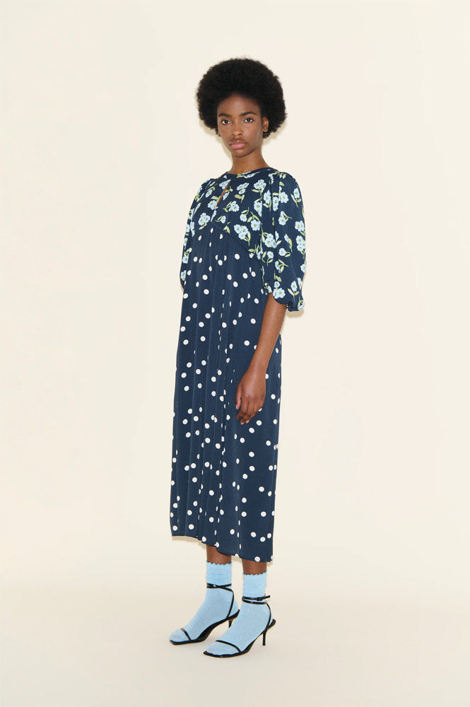 Dahlia Navy Polka & Powder Blue Floral Dress - gallery