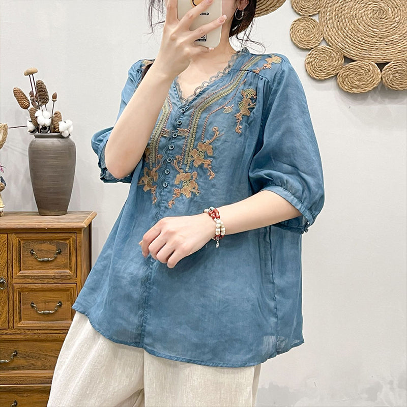 Lace V-Neck Embroidered Linen Shirt for Women - gallery