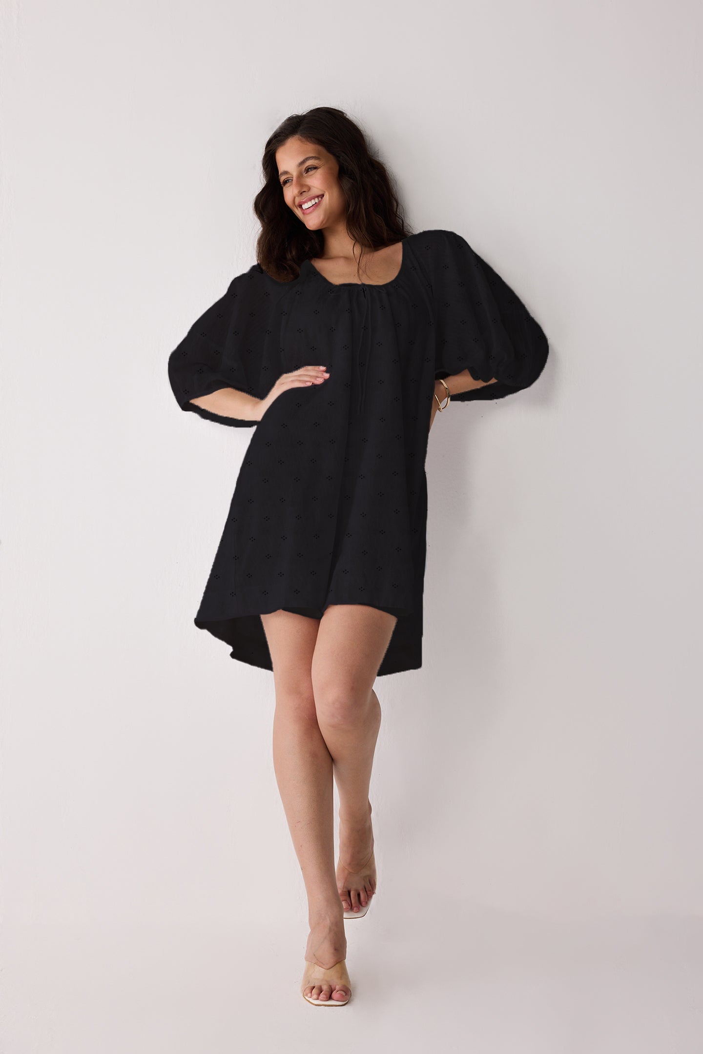 Puff Sleeved Dress with Drawstring Neckline in Black for Women - gallery