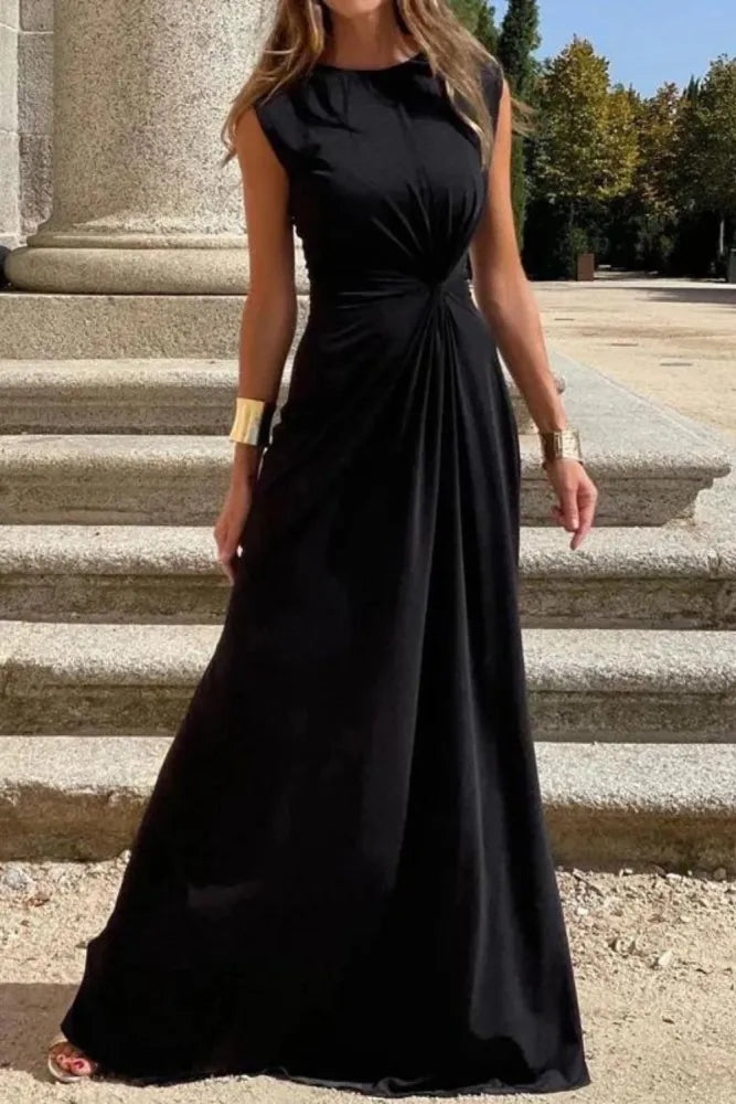 Chic Women's Long Sleeve V-Neck Maxi Dress - Solid Color Evening Wear
