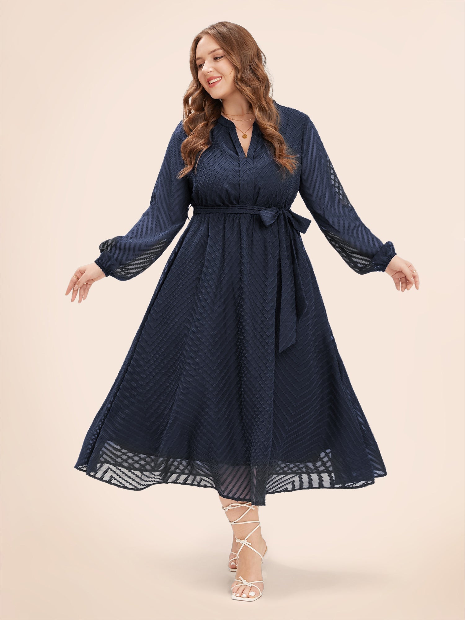 Solid Geometric Pocket Mesh Lantern Sleeve Belted Dress for Women