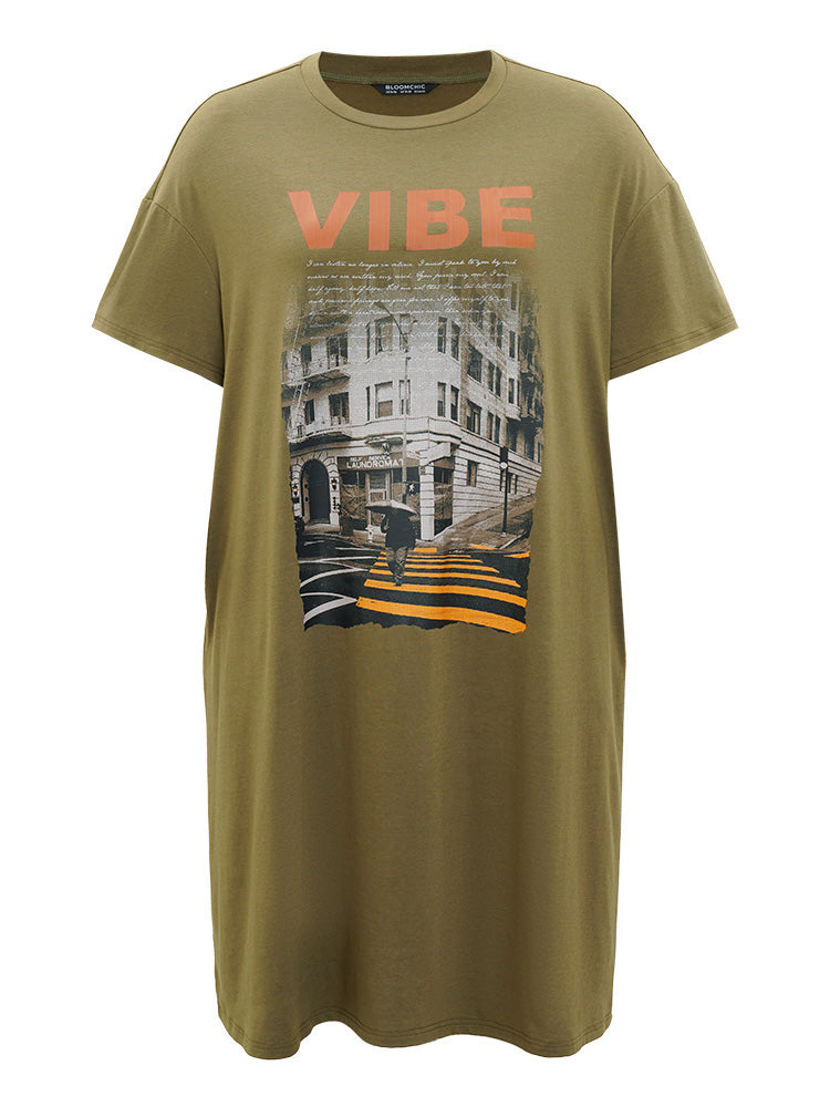 Letter & Graphic Print Pocket Crew Neck Dress for Women - gallery
